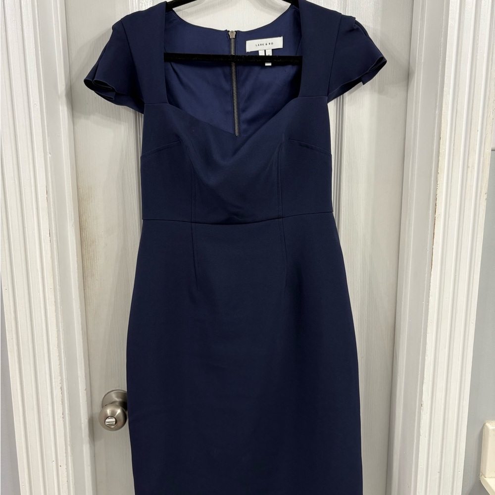 Lark & Ro Blue Sheath Dress with Square Neck and Flutter Cap Sleeves
